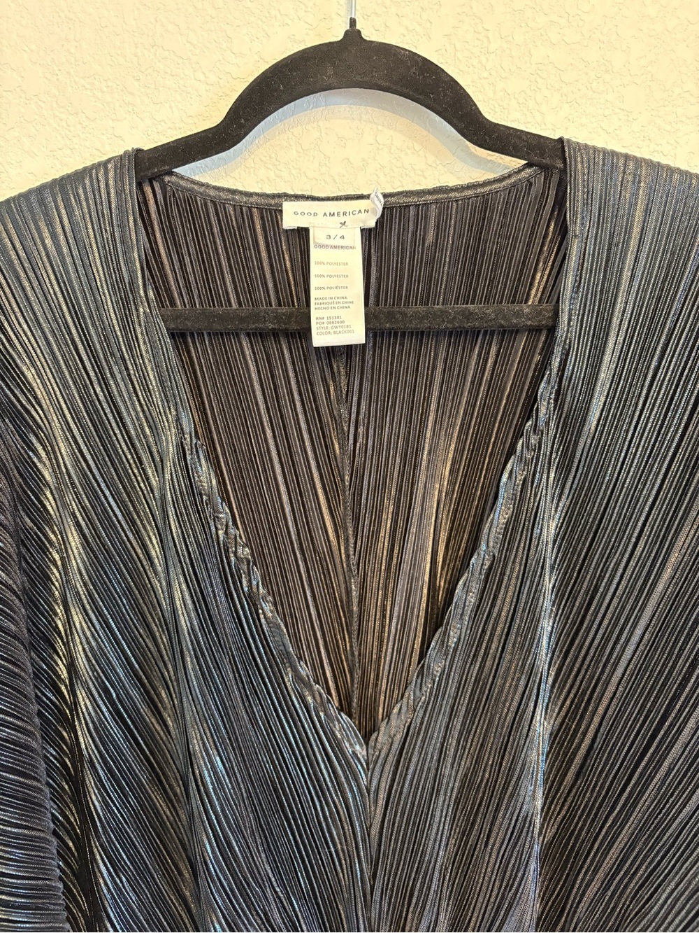 Good American Metallic Plissé Peplum Top Black Silver Pleated Blouse Size 3/4 - Picture 11 of 15